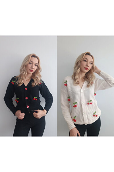 C'RİT 2'li Kiraz Desenli Siyah-Beyaz Düğmeli Triko Hırka