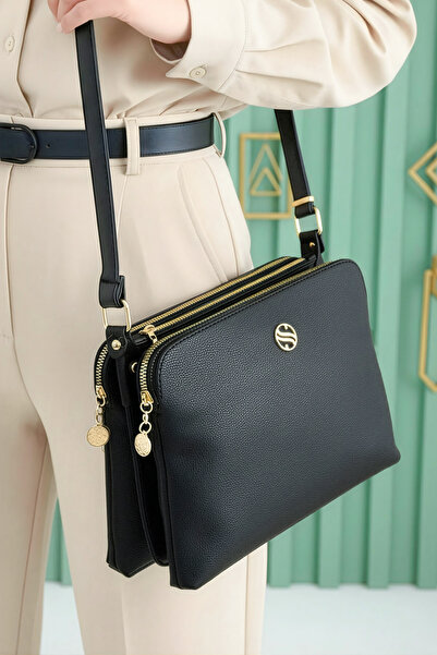 Lifonbag Geantă de umăr utilă din piele moale de damă neagră, cu 4 compartime...