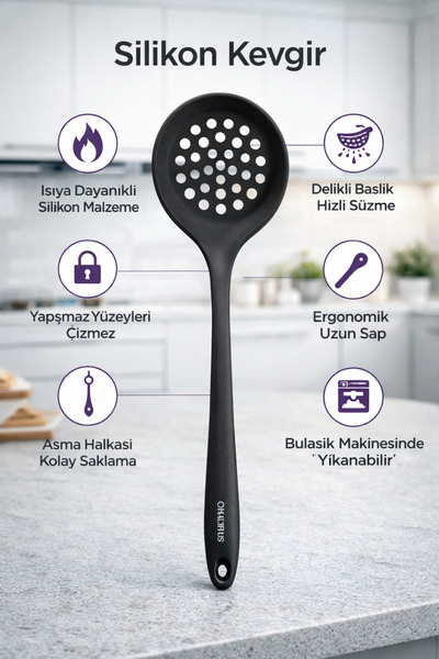 Single 5 Parça Sert Uçlu Isıya Dayanıklı Spatula-Kevgir-Pilav-Kepçe-Derin Kaşık Seti
