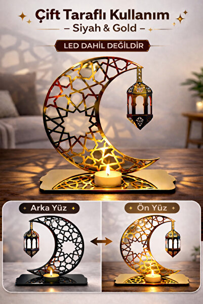 ALSHOP Ramazan Süsü Çift Yön Aynalı Gold/siyah Dekoratif Yansıtmalı Mumluk Fe...