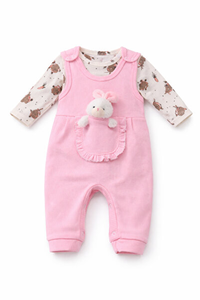 Akcan Pink Rabbit Pocket Corded Fabric Baby Girl Romper Set