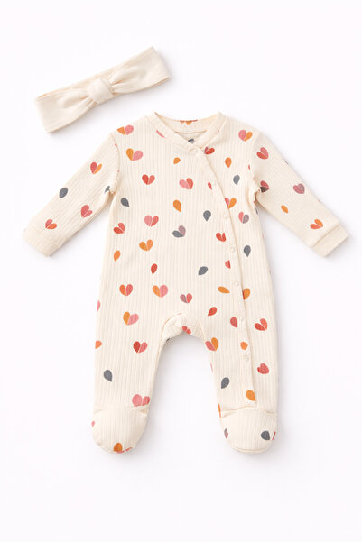 Akcan Heart Patterned Multi-Colored Corded Fabric (Ribana) Booties Jumpsuit a...