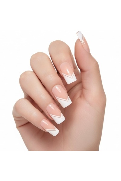24'lü Natürel Pembe Beyaz V French Takma Tırnak Seti Lüks Doğal Desenli Uzun Küt Kare Nails Set