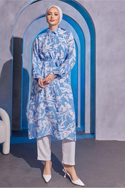 TRENDTESETTÜR KADIN MAVİ DESENLİ BÜRÜMCÜK TUNİK T 5993