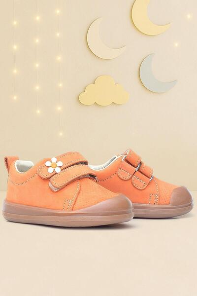 Rakerplus Sonic Hakiki Deri Turuncu Cırtlı Çiçekli Kız Bebek Sneaker Ayakkabı