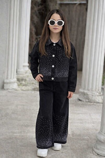 DUDOR KİDS Set pentru fete: blugi negri cu guler cu pietre și jachetă din den...