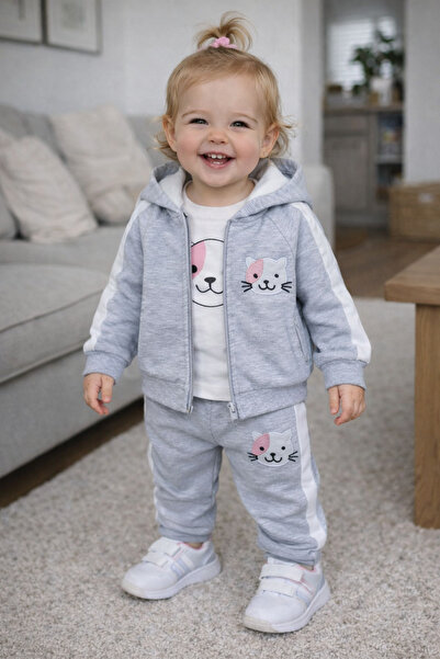 MyPrettyBaby KEDİCİK NAKIŞLI GARNİLİ İKİ İP MEVSİMLİK KIZ BEBEK 3 LÜ TAKIM
