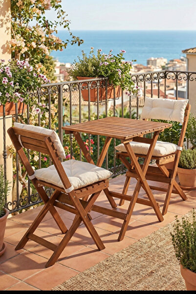 Reyo Ceviz Krem Gürgen Katlanır Minderli 3'lü Bistro Set Balkon Bahçe Masa Sa...