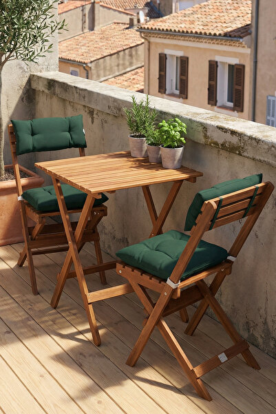 Reyo Ceviz Yeşil Gürgen Katlanır Minderli 3'lü Bistro Set Balkon Bahçe Masa S...