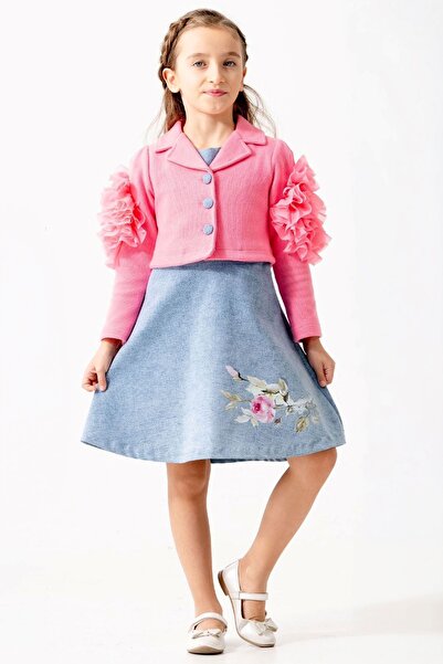 Minigimin Cicileri My Little One's Rose Printed Stone Detailed Denim Dress wi...