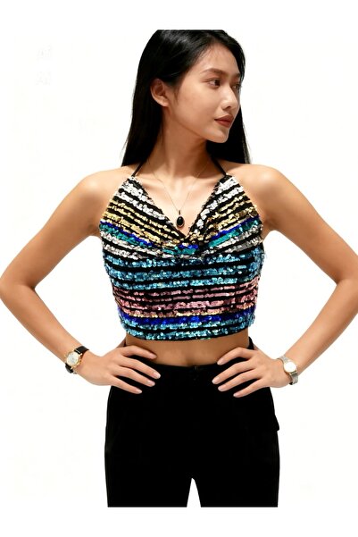 quella atelier Pul Payetli Sırt Dekolteli Crop Bluz