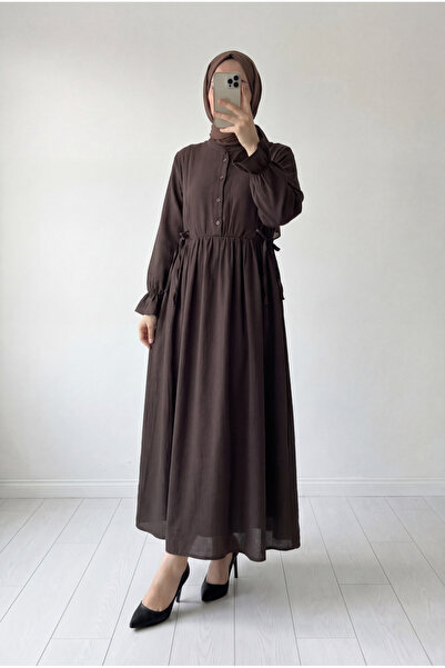 MİHRA STORE Almina Müslin Biye Bağcıklı Elbise-NA2418 Kahve