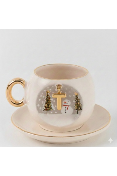 BSK Ceramics Handmade Harfli Kış Porselen Kahve Fincanı T Harfi