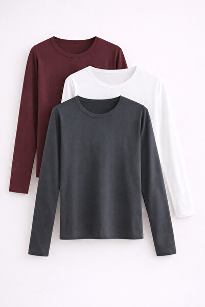 COMBİNE MİCHAİL Γυναικεία μακρυμάνικη βαμβακερή βασική στενή μπλούζα 3 τεμαχίων