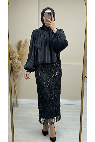 MİHRA STORE Ada Balon Kol Eteği Pullu Gömleği Janjan Takım-GE807 Siyah