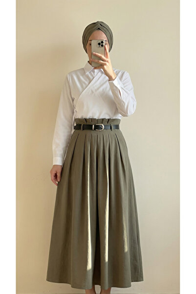 MİHRA STORE Luna Pileli Kemerli Modal Etek-BN4610 Haki