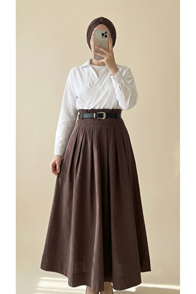 MİHRA STORE Luna Pileli Kemerli Modal Etek-BN4610 Aci Kahve