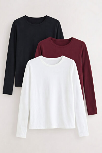 COMBİNE MİCHAİL Γυναικεία μακρυμάνικη βαμβακερή βασική στενή μπλούζα 3 τεμαχίων