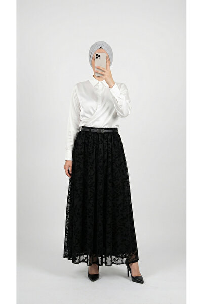 MİHRA STORE Sabiha Astarlı Kemerli Flok Tül Etek-EK752 Siyah