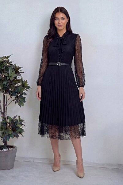 thezkscom Siyah Boyundan Bağlamalı Dantel Detay Piliseli Abiye Elbise