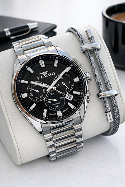 FERRO İtalyan Bileklik Setli Çelik Kordon İç Fonksiyonları Aktif Takvimli Erk...