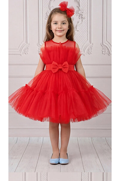 ELLUSSİ Kız Çocuk Kırmızı Şeffaf Üst Ön Fiyonk Detaylı Kemerli Kabarık