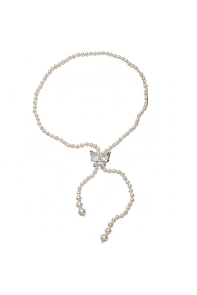 OEM Дамски колан с изкуствени перли и катарама тип пеперуда, елегантен стил, ...