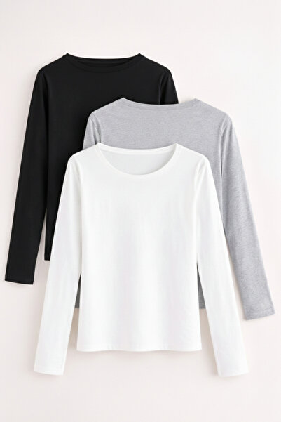 COMBİNE MİCHAİL بلوزة نسائية قطنية أساسية ضيقة بأكمام طويلة مكونة من 3 قطع