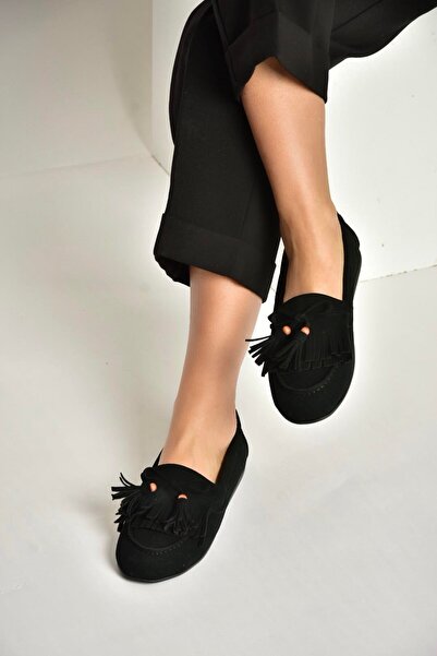 Fox Shoes Y996271002 Balerini de damă din piele intoarsa neagra cu detaliu ci...