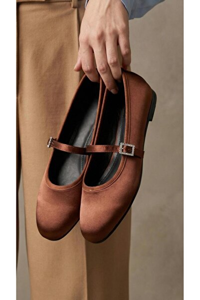 Beyond Women's Brown Satin Stylish Buckle Ballerinas 1cm Byndstnb01