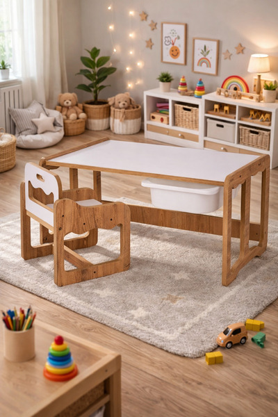 Industrial Living Montessori Tek Kişilik Masa Sandalye Takımı, 18mm Ceviz-Bey...