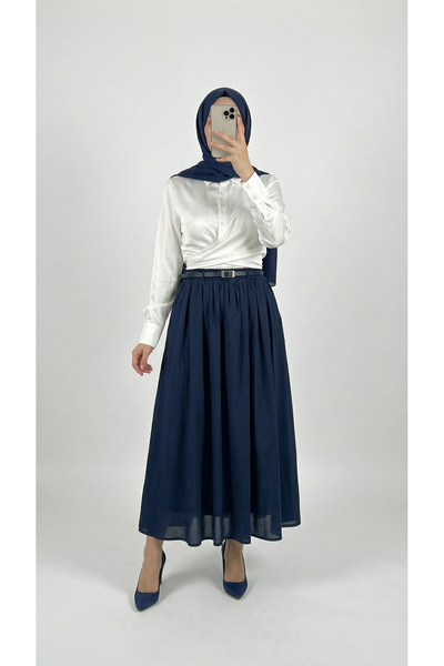 MİHRA STORE Bilge Büzgülü Kemerli Vual Etek-EK747 Lacivert