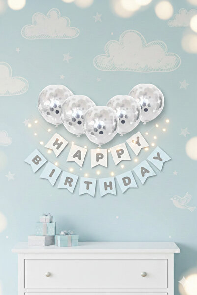 Deniz Party Store Happy Bırthday Beyaz Gümüş Varaklı Şeffaf Gümüş Konfetili B...