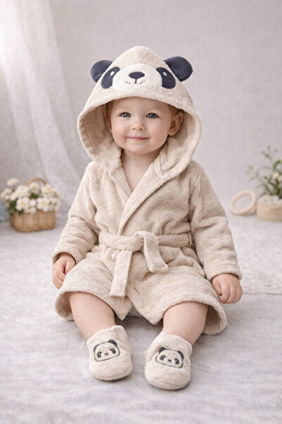Bebitof My Baby Kumsal % 100 Pamuk 0 - 24 Ay Bornoz Seti Gülen Panda Desen Ku...