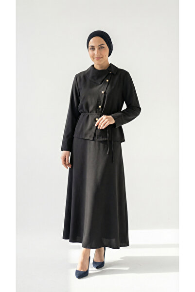 MİHRA STORE Σετ φούστας Jülide με γιακά και σταυρωτά κουμπιά - AS102 Μαύρο