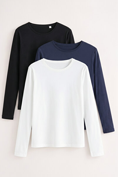 COMBİNE MİCHAİL Γυναικεία μακρυμάνικη βαμβακερή βασική στενή μπλούζα 3 τεμαχίων