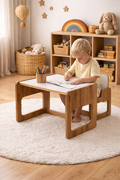 Industrial Living Ceviz Beyaz MDF Tek Kişilik Çocuk Masası ve Sandalyesi, 2-6...