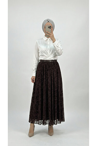 MİHRA STORE Sabiha Astarlı Kemerli Flok Tül Etek-EK752 Kahve