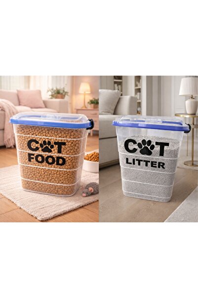 DEEMBRO 2 li set 15 kg kedi maması saklama kabı ve 35 lt kedi kumu saklama ku...
