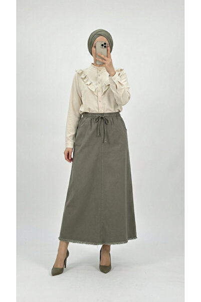 MİHRA STORE تنورة فيونا ذات ستة أهداب من الجبردين-MA4281 كاكي