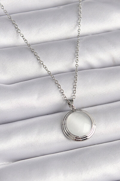 Skygo 316L Steel Silver Color White Pearlescent Circle Model Women's Necklace...