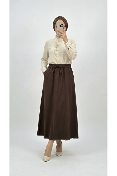 MİHRA STORE تنورة فيونا ذات ستة أهداب من الجبردين - MA4281 بني