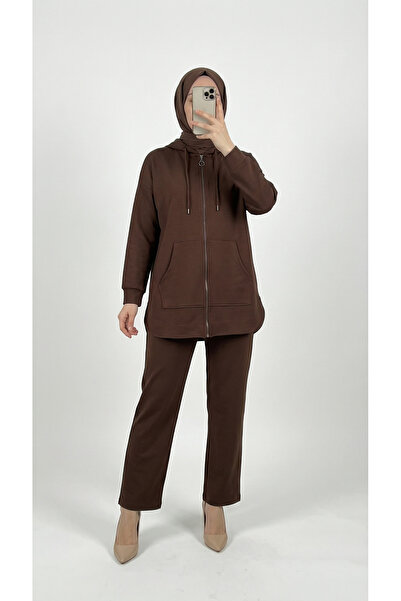 MİHRA STORE Σετ παντελόνι με φερμουάρ και τσέπες Hande Kangaroo-MF1746 Καφέ