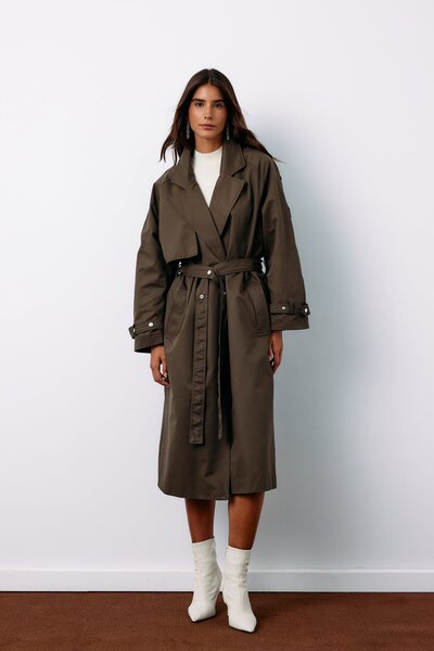 Sateen Trenci lung cu curea - Kaki