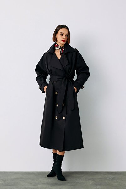 Sateen Trenci lung cu curea - Negru