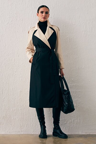 Sateen Kontrast Cepli Uzun Trençkot - Bej-Siyah