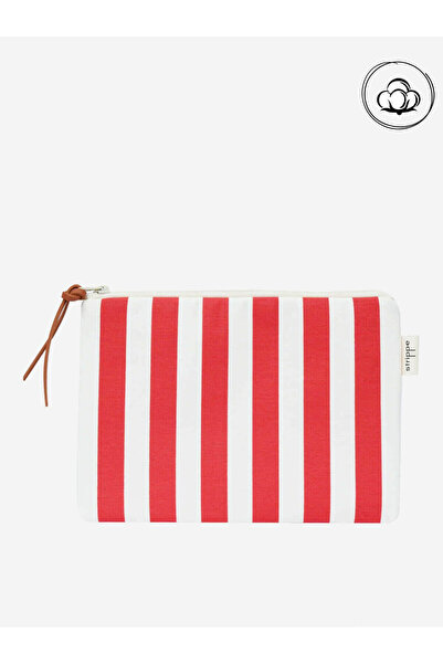 Strippe Pamuklu Kalın Çizgili Kırmızı Pouch Portföy Çanta