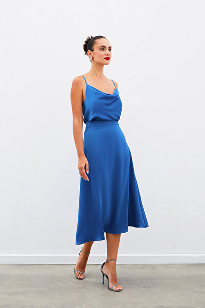 Sateen Fustă midi din satin - Indigo