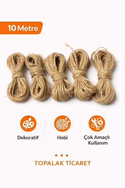 TOPALAKTİCARET Jüt Ip 10 Mt, Hasır Ipi Keten İp- Çuval Ipi Kırnap Süsleme Ipi...