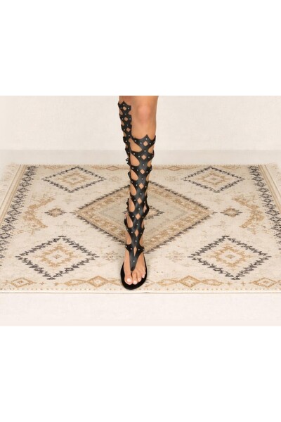 Bostini Hakiki Deri Kösele Taban Arkadan Fermuarlı Uzun Dizaltı Siyah Parmak ...